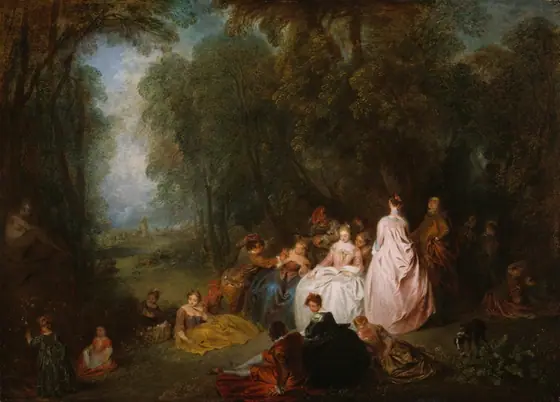 Fête champêtre (Pastoral Gathering), Antoine Watteau, 1718–21, oil on panel