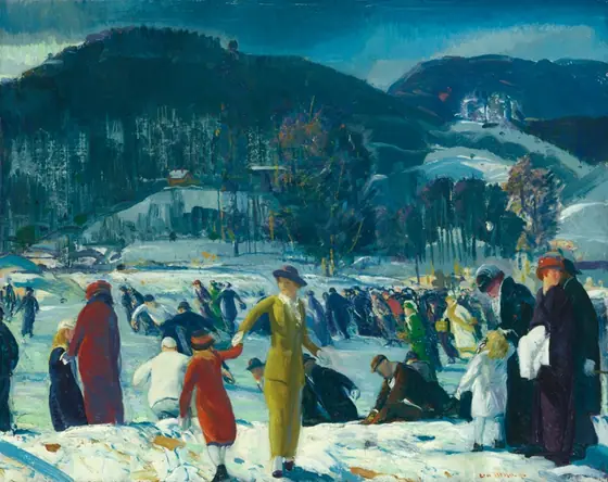 Painting of a crowd of well-dressed light-skinned people in an open, snowy field surrounded by large rolling hills.