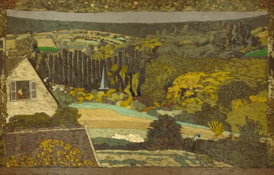 Dense and varied landscape with open fields, groves of bushy trees, and a row of thin conifers. A light-blue river tranverses the canvas, and a church steeple emerges from the trees at left of center.