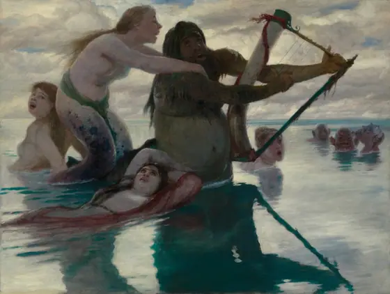 Painting of centaur with harp, in water, surrounded by mermaids and mermen.