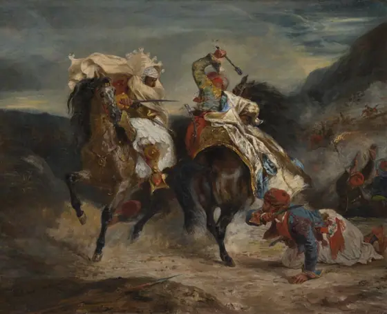 Two men on horseback clash in battle, another man crouches with knife.