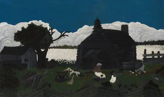 Painting of a cabin set below a dark blue sky and fluffy white clouds. Behind it is a field of many small white dots. In front, a dark-skinned woman sits and a dark-skinned child plays among roaming chickens and dogs in a fenced-in yard.