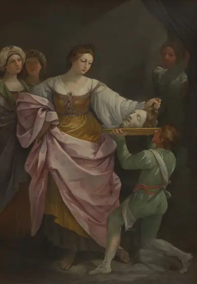 Large painting of woman, in gold and pink dress, placing severed head on platter.
