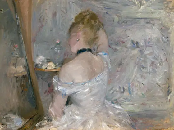 Painted portrait dominated by loose, large brushstrokes of a woman, seen from the back, wearing a gauzy white off-the-shoulder dress and black choker, blond hair swept up, examining herself in a mirror at left.