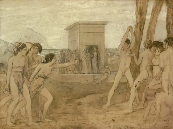 A brown-toned image of a group of scantily clad young women at left, one holding out her arm toward a group of naked young men standing at right.