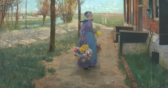 Painting of a young woman outdoors in a light purple dress and head covering with a wooden yoke around her neck suspending large bundles of brightly colored flowers.