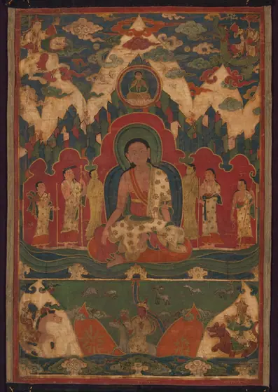 Vibrantly colored mythical scene depicting people, animals, and dragons in front of mountains.