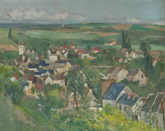 View of a village surrounded by hills, fields, and trees, shown from a vantage point above the scene. Subtly rolling hills recede into a bluish gray-ish sky punctuated by white clouds.