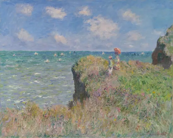 Painting of a cliff overlooking the sea. Two figures in long dresses, one with a parasol, stand on the cliff beneath blue sky.