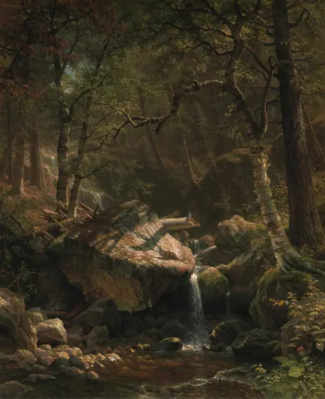 Painting of a small stream in the middle of the woods. In the center of the painting, there is a small waterfall over a large boulder.