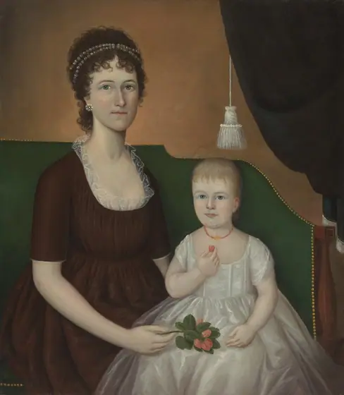 Portrait of a light-skinned woman with dark curly hair and to her right a small, blond child. Both are elegantly dressed, the woman in a dark, short-sleeved dress with gathered bodice and the child in a short-sleeved white dress.