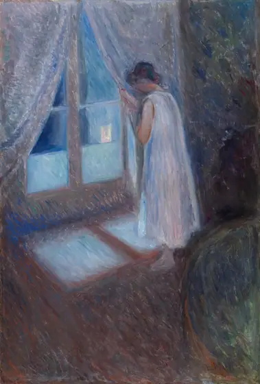 Loosely painted scene of a brown-haired girl in her nightgown standing in a dark room, gazing out a window into a brighter night, her face unseen and her hand drawing back the pale curtain.