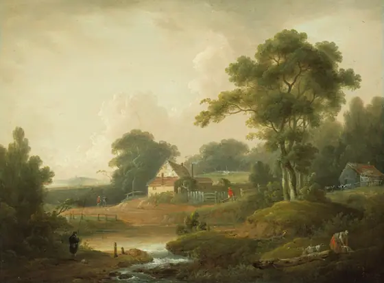 Landscape with Fisherman and Washerwoman, John Rathbone, 1790–1800, oil on panel