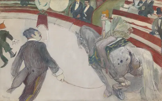 Painting of a performance inside a circus ring. A man wearing a suit holds a whip in his hand and looks towards a woman with red hair riding a gray horse and wearing a green dress.