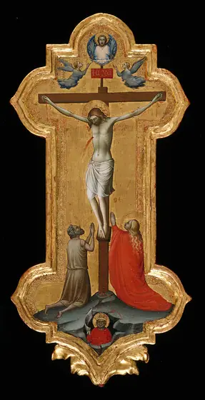 Framed gold panel of the Crucifixion, kneeling figures, flying angels.