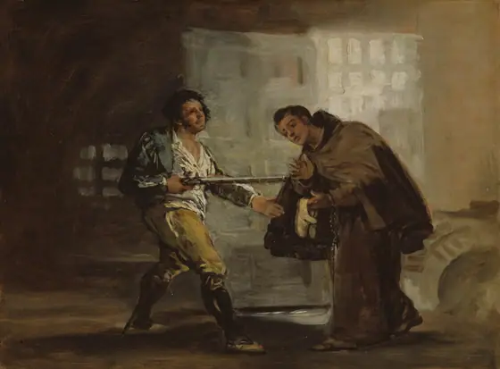 Friar Pedro Offers Shoes to El Maragato and Prepares to Push Aside His Gun, Francisco de Goya, c. 1806, oil on panel
