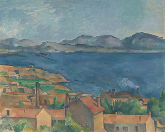 Impressionist sea landscape, tan houses, blue ocean, distant mountains.