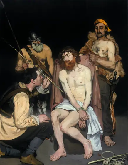 Large, dark painting of Jesus sitting with three standing soldiers.