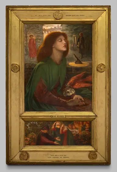 Serene red-haired woman, framed with allegorical symbols of red bird, sundial.