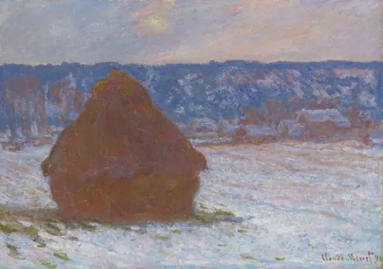 A lone wheat stack, in shadow, rests on a snow-covered field that is rendered in shades of white, blue, yellow, and purple. A house can be seen in the distance on the right against the blue hills beyond.