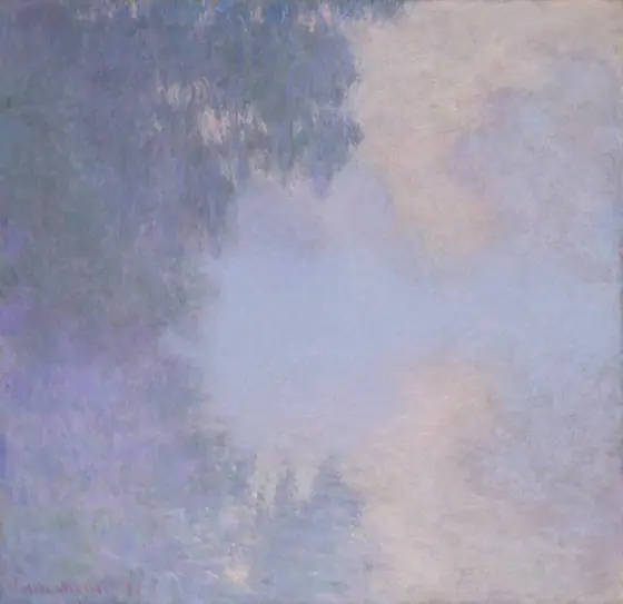 Painting of softly rendered shapes in pale blue, green, and white. A textured green mass at left resembles foliage. Blue and white cloud-like forms fill the rest of the frame.