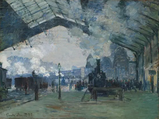 Loosely painted image of an open-air train station. On the right, a parked train gives off an enormous plumb of white smoke, making the scene look as though it were full of clouds.
