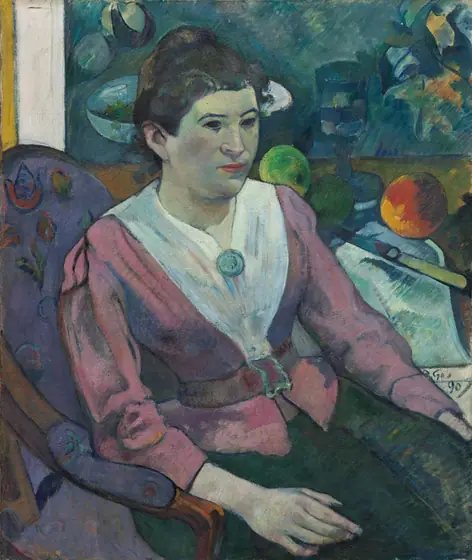 Woman in Front of a Still Life by Cezanne, Paul Gauguin, 1890, oil on linen canvas