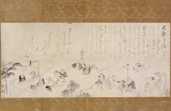 Long scroll drawing, upper half is script; lower half depicts people in courtyard.