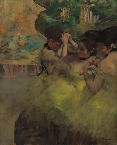 Three light-skinned, dark-haired ballerinas, painted in muted tones, wear off-the-shoulder yellow leotards and tutus as they huddle near each other. One adjusts her costume, while one holds her hands clasped above her head.