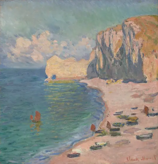 At seascape rendered in pastel tones. At right, boats line a pink shore underneath a tall cliff. At left, a single red sailboat floats in blue water.
