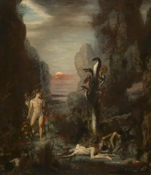 Painting depicting the god Hercules confronting the Hydra, a mythical creature. Amidst towering, rocky cliffs, Hercules stands on the left of the painting, dressed in clothing that exposes his figure.
