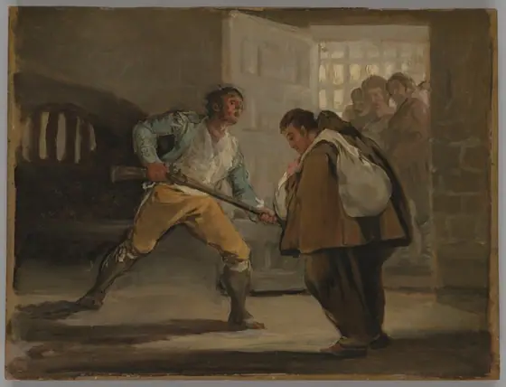 El Maragato Threatens Friar Pedro de Zaldivia with His Gun, Francisco de Goya, c. 1806, oil on panel