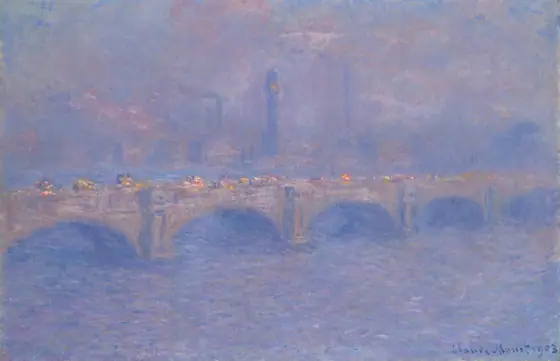 Horizontal oil painting in shades of pale purple, pink, and light blue of a bridge composed of multiple linked archways over water, engulfed in hazy fog.