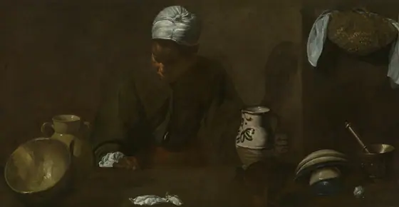 Kitchen Scene, Diego Velázquez, 1618–20, oil on canvas