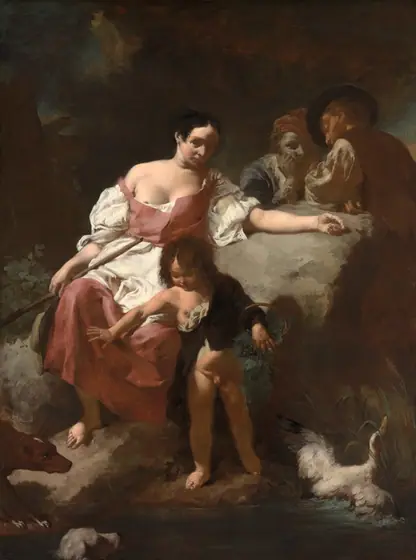 A light-skinned woman, the bodice of her mauve dress pulled down, lounges against a rock, her arm extended on it.