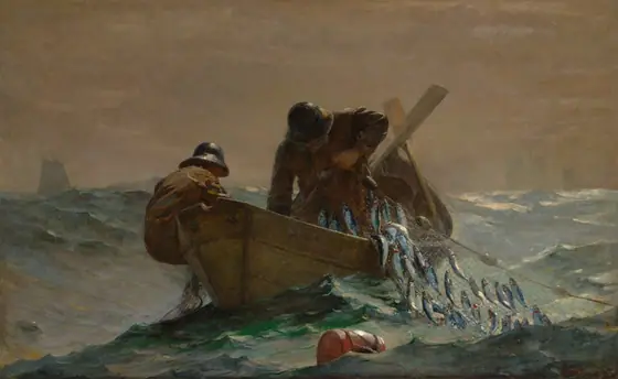 Painting of two fishermen in small wooden boat on rocky seas.