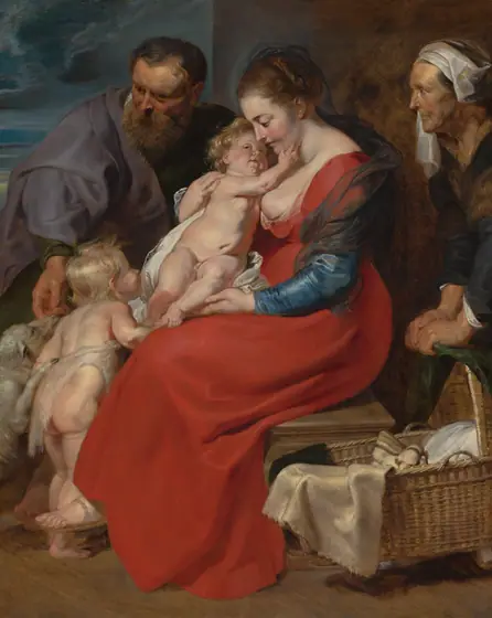 Large painting of Holy Family: Mary in red, holding baby Jesus.