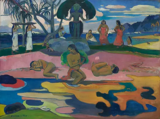 Brightly colored painting of a medium-skinned nude woman sitting on pink sand with her feet in a multicolored body of water, flanked by two nude figures resting in the fetal position.
