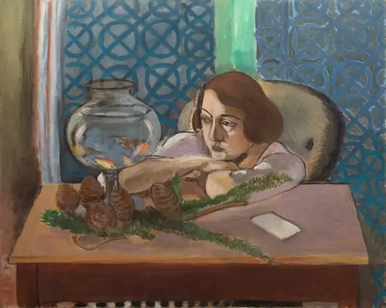 Painting of woman, arms crossed on brown desk, staring at goldfish.
