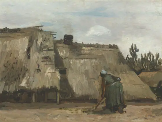 Painting in tones of gray and brown, with some green and blue, of a woman digging with a garden tool before a structure with a thatched roof that descends almost to the ground. Above her the sky is gray and blue, a haze of clouds.
