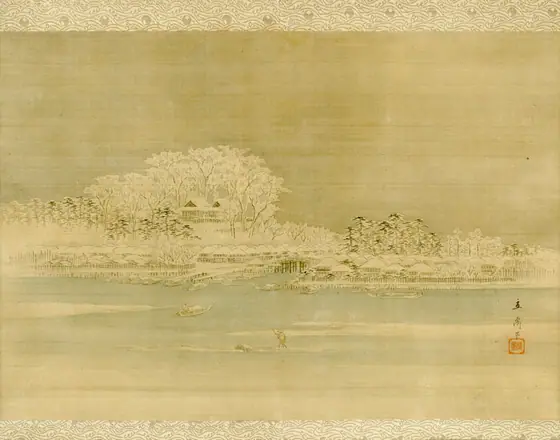 Matsuchiyama on the Sumida River, Utagawa Hiroshige, Edo period, 1856, hanging scroll; Ink and color on silk