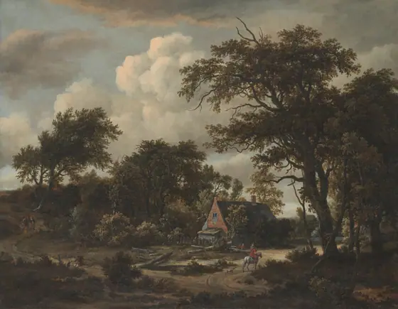 Wooded Landscape with Cottage and Horseman, Meindert Hobbema, 1663, oil on canvas