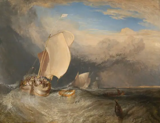 Large marine landscape of boats on rough waves, storm clouds.