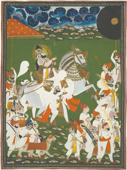 Watercolor of man with golden halo on horse, green background.