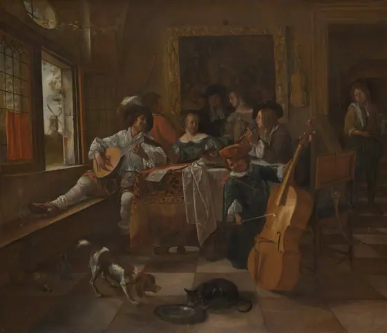 Painting of several light-skinned people gathered around a table in front of a gilded mirror, playing instruments. At left, seated next to a woman in an off-the-shoulder gown, a man in a plumed hat plays a lute.