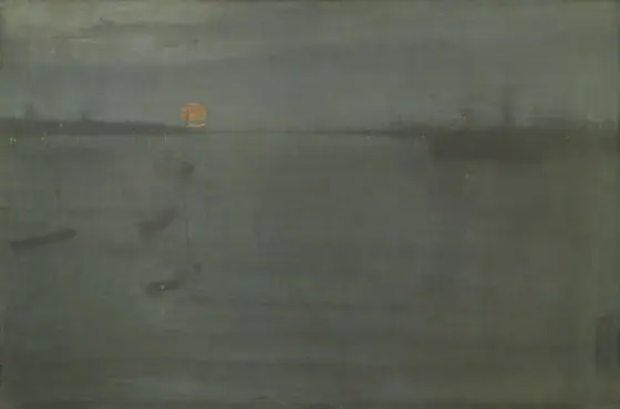 A sparsely painted waterside scene in dark tones with minimal ghostly shapes suggesting ships, yellow glitches of paint for light reflections, and the orb of an orange moon overhead.