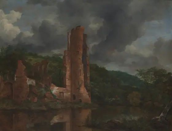 Dark moody painting of crumbling castle tower and walls amidst river and forest.