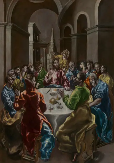 Painting depicting Christ anointed by a woman in yellow, seated centrally at a crowded table of guests with long thin grayish faces in colorful robes with strong white highlights.