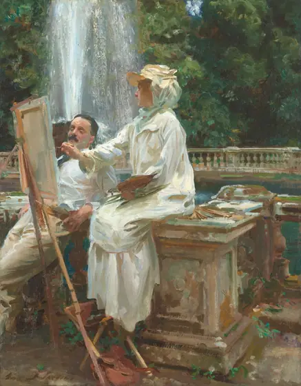 Portrait of a woman in white with a bonnet perched on an architectural feature painting something to her right, a spouting water fountain, greenery, and a an ornate, low white fence behind her.