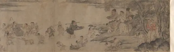 Long scroll ink painting depicting people with their animals and belongings crossing a river.